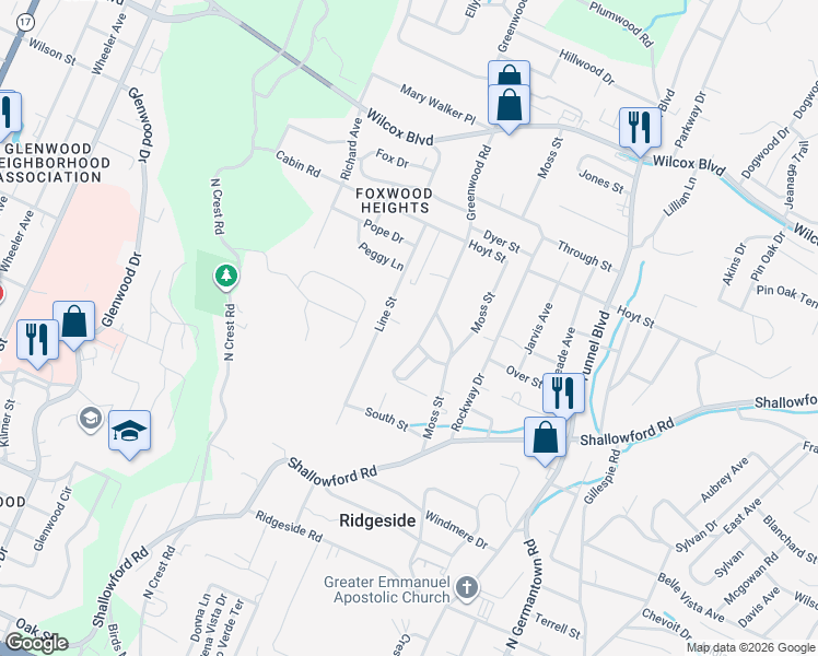 map of restaurants, bars, coffee shops, grocery stores, and more near 3206 Bon Air Circle in Chattanooga