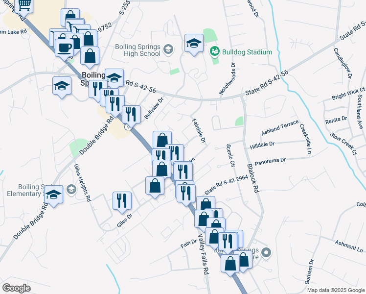 map of restaurants, bars, coffee shops, grocery stores, and more near 100 Spurrier Court in Boiling Springs