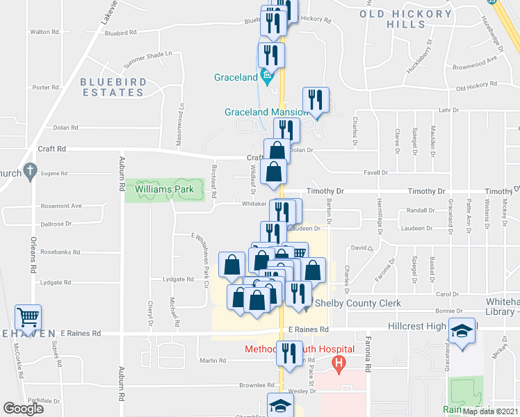 map of restaurants, bars, coffee shops, grocery stores, and more near 1135 Whitaker Drive in Memphis