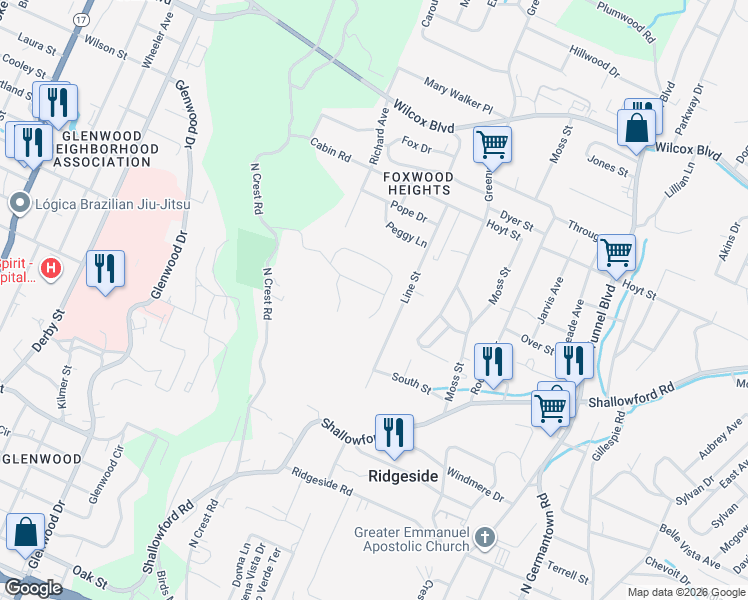 map of restaurants, bars, coffee shops, grocery stores, and more near 3038 Merrydale Drive in Chattanooga