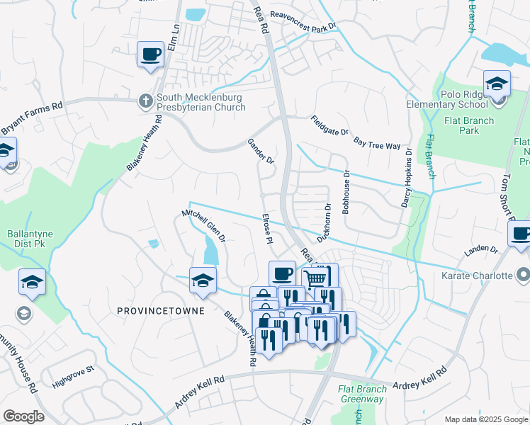 map of restaurants, bars, coffee shops, grocery stores, and more near Elrose Place in Charlotte