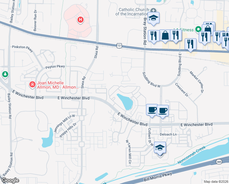 map of restaurants, bars, coffee shops, grocery stores, and more near Legacy Lake Lane in Collierville