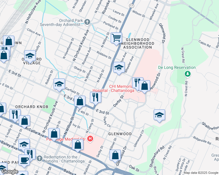 map of restaurants, bars, coffee shops, grocery stores, and more near 559 Arlington Avenue in Chattanooga
