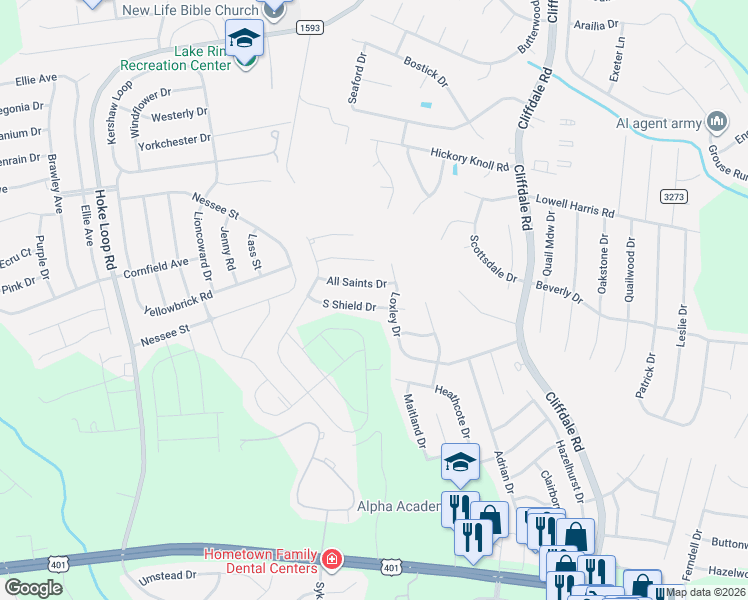 map of restaurants, bars, coffee shops, grocery stores, and more near 7743 South Shield Drive in Fayetteville