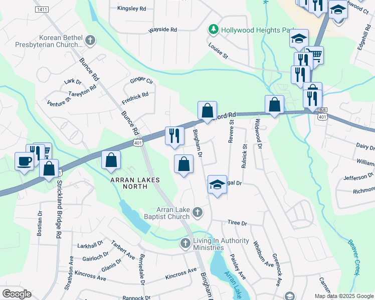 map of restaurants, bars, coffee shops, grocery stores, and more near 6303 West Darrow Drive in Fayetteville