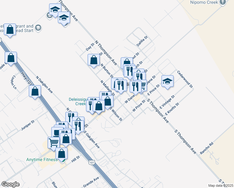 map of restaurants, bars, coffee shops, grocery stores, and more near 188 West Tefft Street in Nipomo