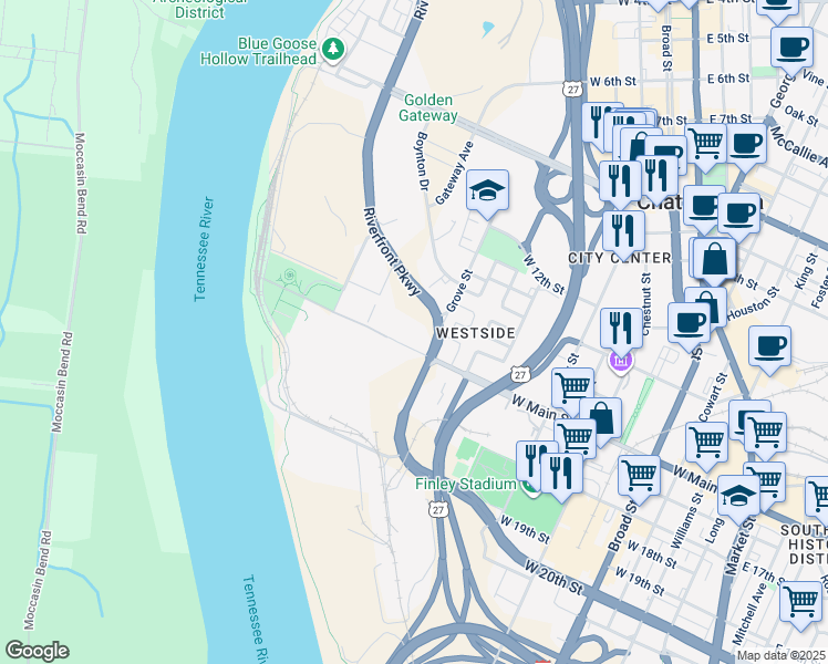 map of restaurants, bars, coffee shops, grocery stores, and more near 1345-1499 Riverfront Pkwy in Chattanooga