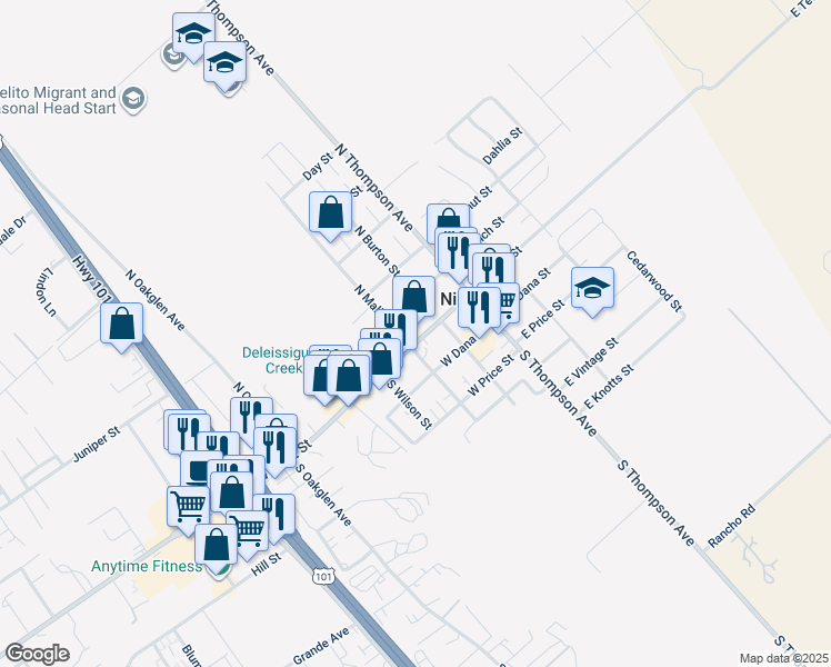 map of restaurants, bars, coffee shops, grocery stores, and more near 188 West Tefft Street in Nipomo