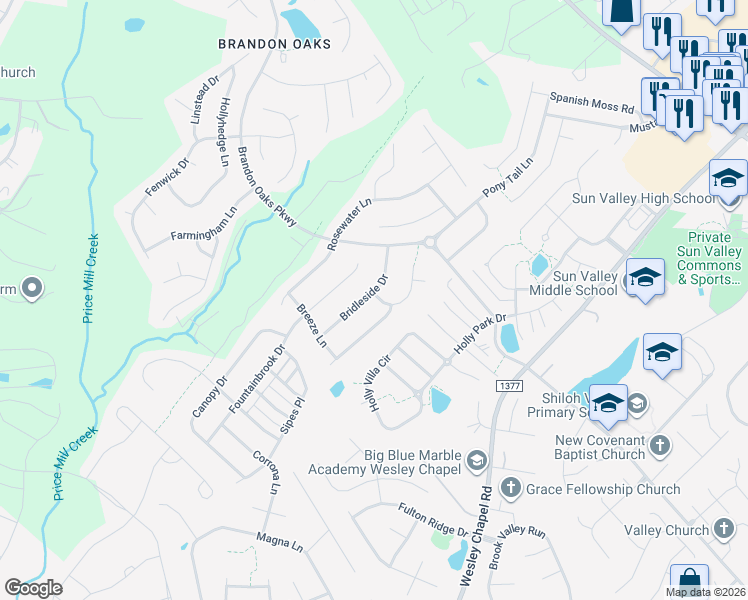 map of restaurants, bars, coffee shops, grocery stores, and more near 2001 Bridleside Drive in Indian Trail
