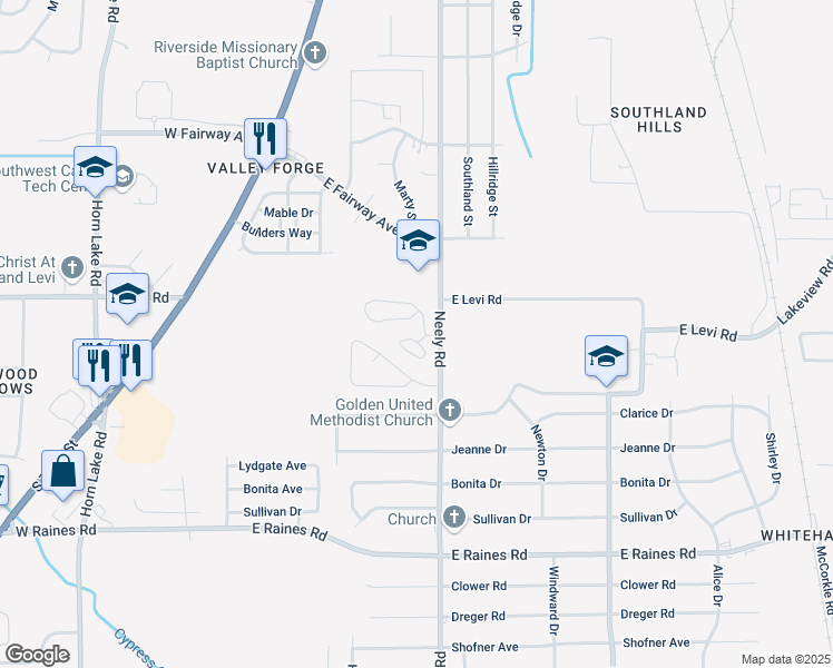 map of restaurants, bars, coffee shops, grocery stores, and more near 157 Wesley Forest Drive in Memphis