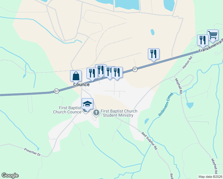 map of restaurants, bars, coffee shops, grocery stores, and more near 110 Wheeler Lane in Counce