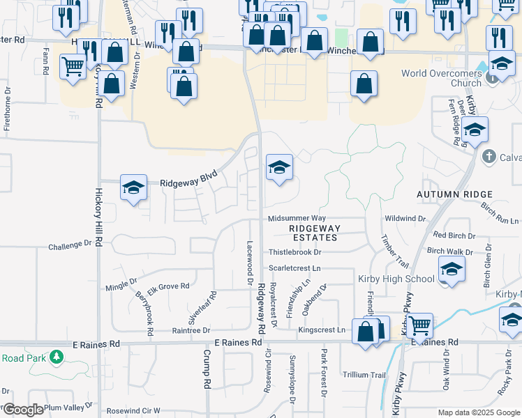 map of restaurants, bars, coffee shops, grocery stores, and more near 3920 Ridgeway Road in Memphis