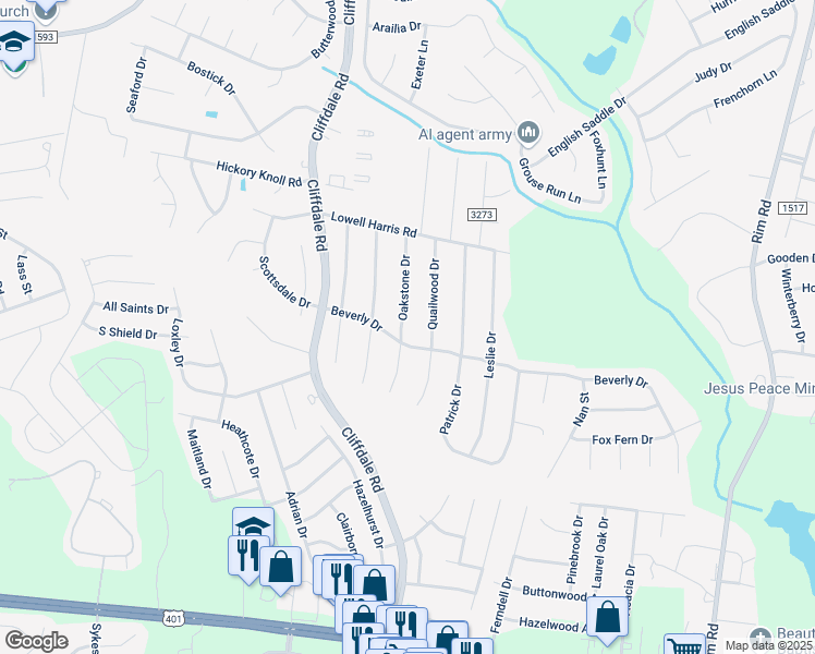 map of restaurants, bars, coffee shops, grocery stores, and more near 1041 Oakstone Drive in Fayetteville