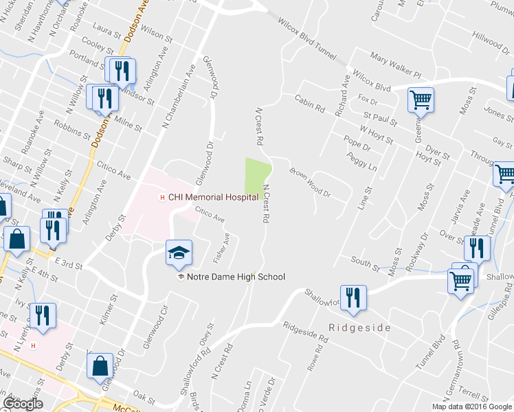 map of restaurants, bars, coffee shops, grocery stores, and more near 181 North Crest Road in Chattanooga