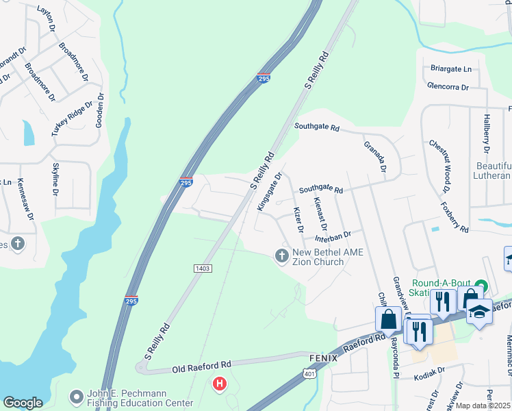 map of restaurants, bars, coffee shops, grocery stores, and more near 6857 Kingsgate Drive in Fayetteville