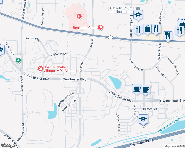 map of restaurants, bars, coffee shops, grocery stores, and more near 1400 Calumet Farms Drive in Collierville