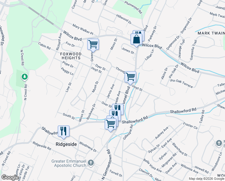 map of restaurants, bars, coffee shops, grocery stores, and more near 1016 Jarvis Avenue in Chattanooga