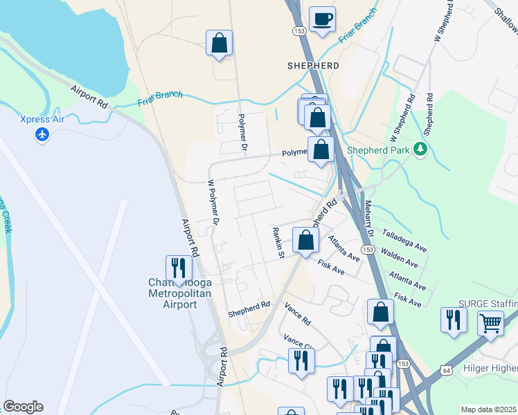 map of restaurants, bars, coffee shops, grocery stores, and more near 5807 Talladega Drive in Chattanooga