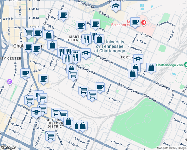 map of restaurants, bars, coffee shops, grocery stores, and more near in Chattanooga