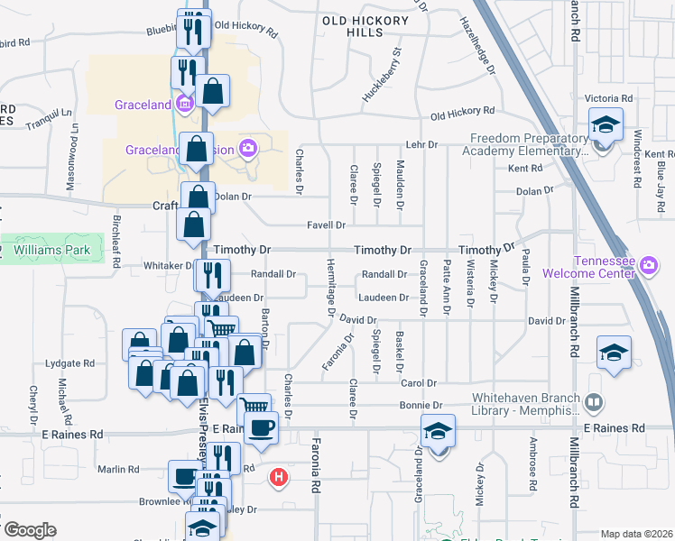 map of restaurants, bars, coffee shops, grocery stores, and more near 3921 Hermitage Drive in Memphis