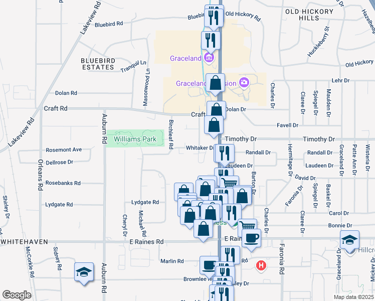 map of restaurants, bars, coffee shops, grocery stores, and more near 1055 Whitaker Drive in Memphis