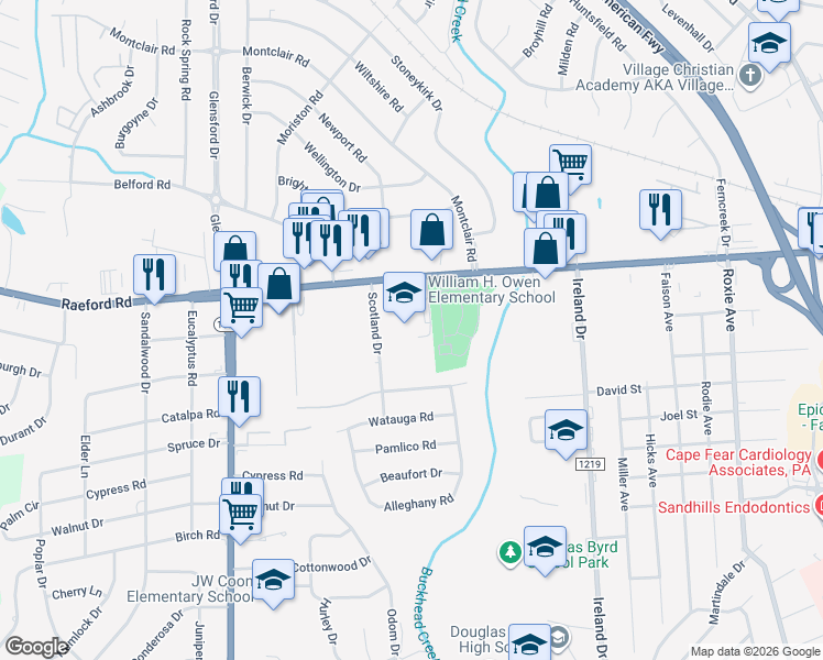 map of restaurants, bars, coffee shops, grocery stores, and more near 4533 Raeford Road in Fayetteville