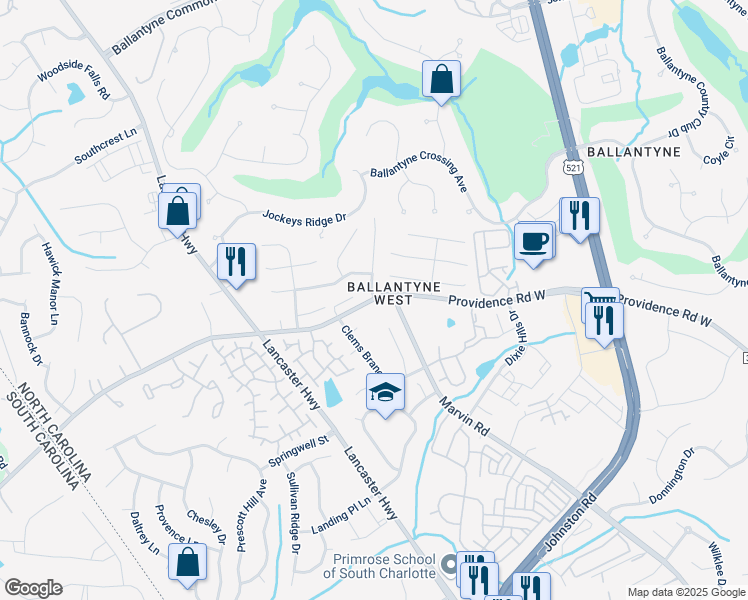 map of restaurants, bars, coffee shops, grocery stores, and more near 11701 Providence Road West in Charlotte