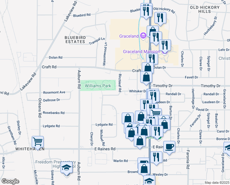 map of restaurants, bars, coffee shops, grocery stores, and more near 1020 Whitaker Drive in Memphis