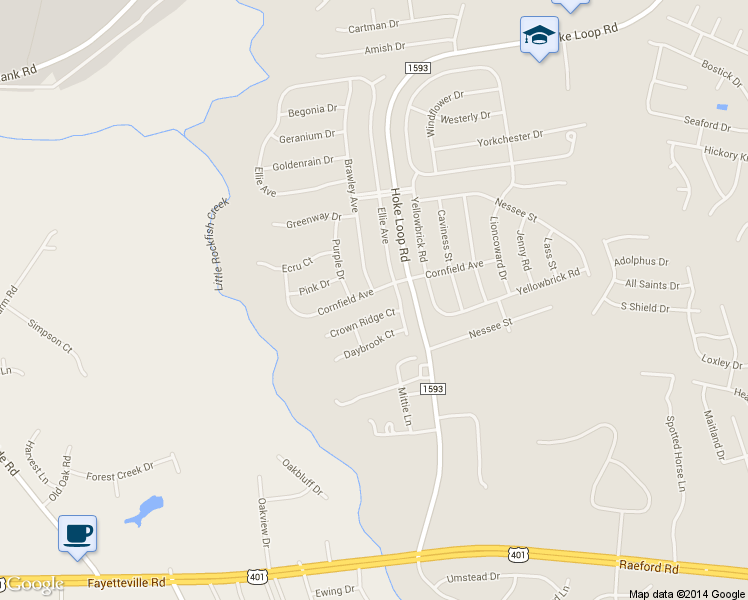 map of restaurants, bars, coffee shops, grocery stores, and more near 5921 Cornfield Avenue in Fayetteville