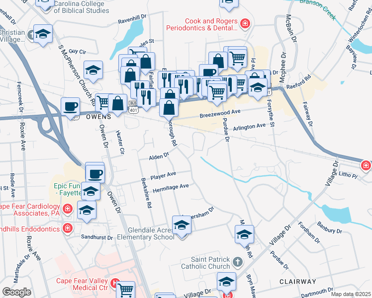 map of restaurants, bars, coffee shops, grocery stores, and more near 2790 Alden Drive in Fayetteville