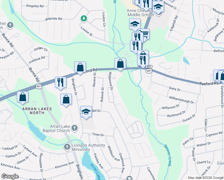 map of restaurants, bars, coffee shops, grocery stores, and more near 1029 Wildwood Drive in Fayetteville