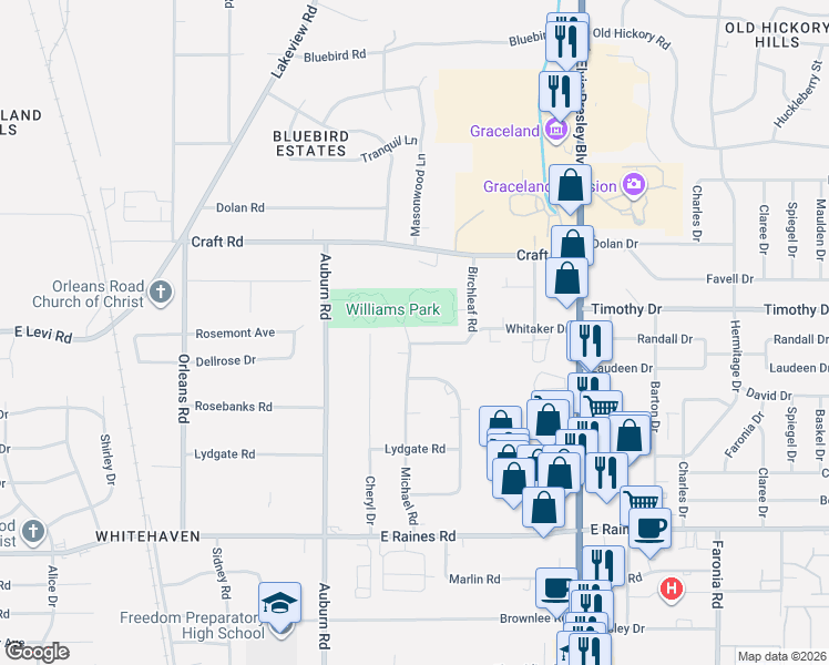 map of restaurants, bars, coffee shops, grocery stores, and more near 3920 Michael Road in Memphis