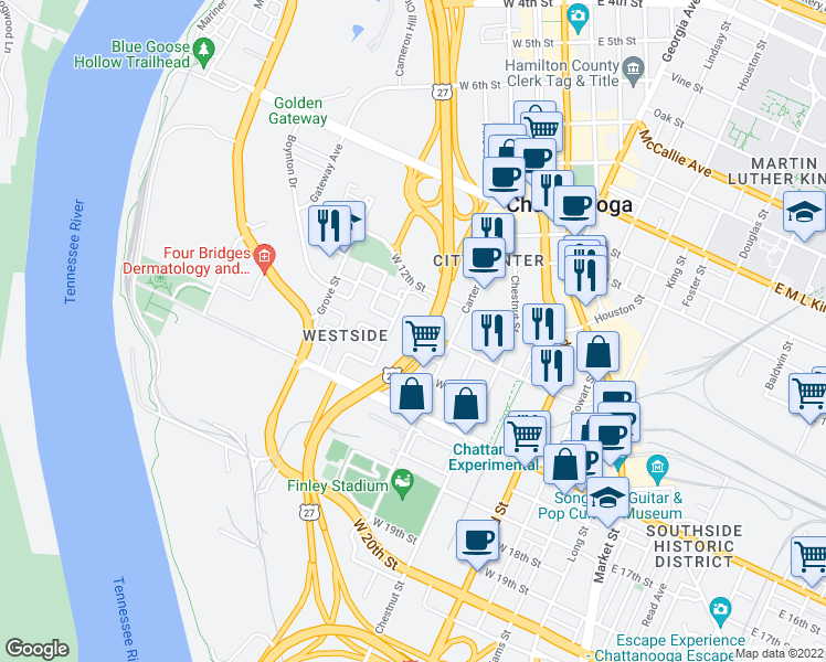 map of restaurants, bars, coffee shops, grocery stores, and more near 1215 Poplar Street in Chattanooga