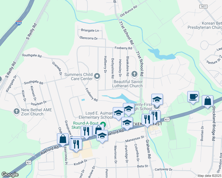 map of restaurants, bars, coffee shops, grocery stores, and more near 6548 Ryefield Drive in Fayetteville