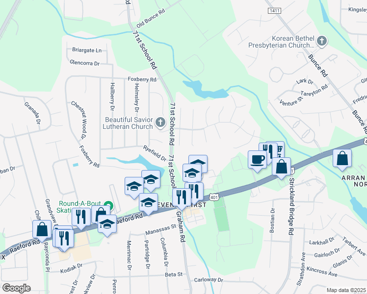 map of restaurants, bars, coffee shops, grocery stores, and more near 1515 Ridgemont Place in Fayetteville