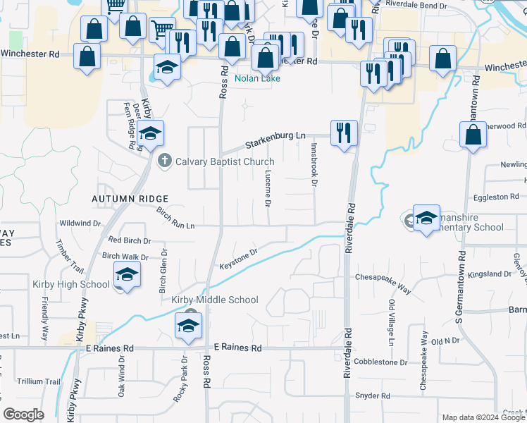 map of restaurants, bars, coffee shops, grocery stores, and more near 3917 Lucerne Drive in Memphis