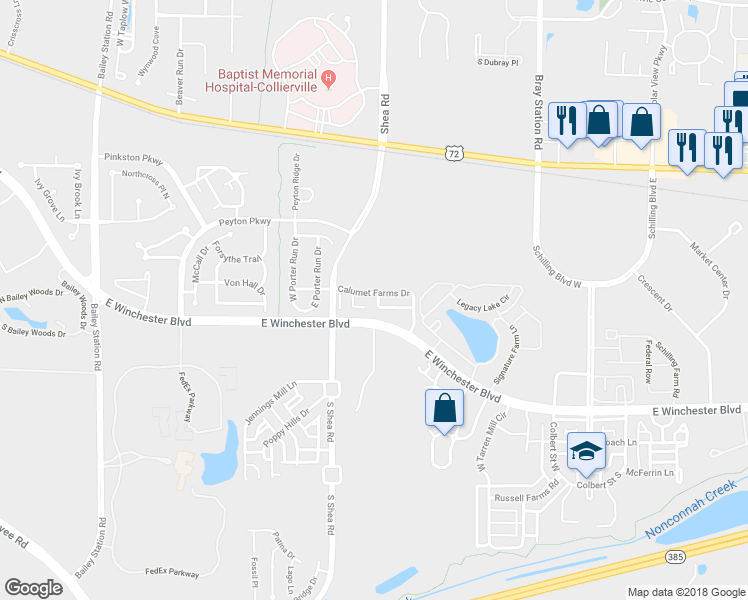 map of restaurants, bars, coffee shops, grocery stores, and more near 210 Seabiscuit Drive in Collierville