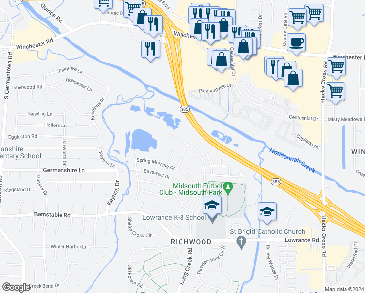 map of restaurants, bars, coffee shops, grocery stores, and more near 3901 Long Creek Road in Memphis