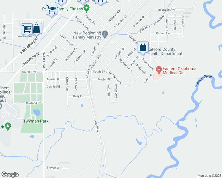 map of restaurants, bars, coffee shops, grocery stores, and more near 307 Bluff Avenue in Poteau