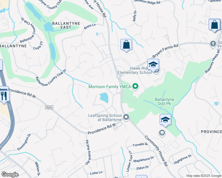 map of restaurants, bars, coffee shops, grocery stores, and more near 9657 Chaumont Lane in Charlotte