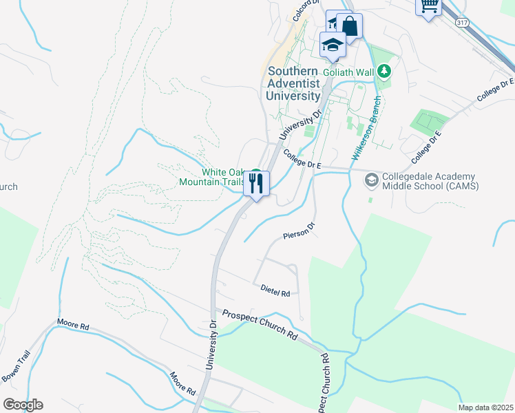 map of restaurants, bars, coffee shops, grocery stores, and more near 4682 University Drive in Ooltewah
