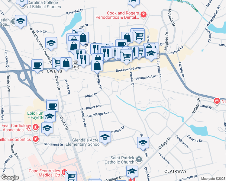 map of restaurants, bars, coffee shops, grocery stores, and more near 2790 Alden Drive in Fayetteville