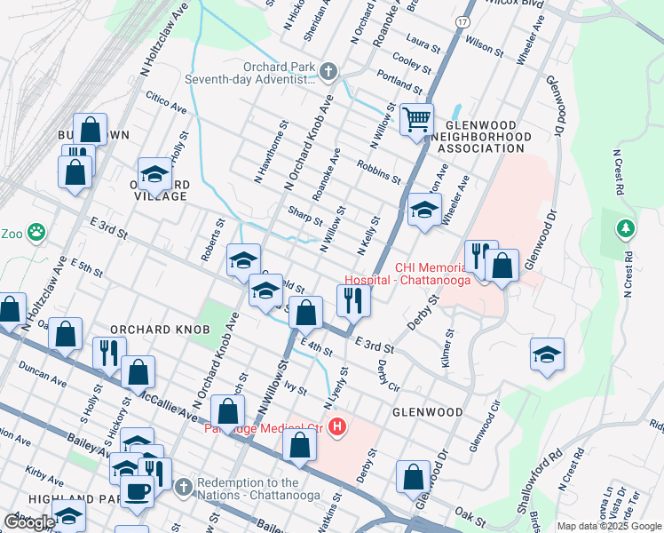 map of restaurants, bars, coffee shops, grocery stores, and more near 2117 Blackford Street in Chattanooga