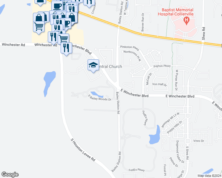 map of restaurants, bars, coffee shops, grocery stores, and more near 1907 North Bailey Woods Drive in Collierville
