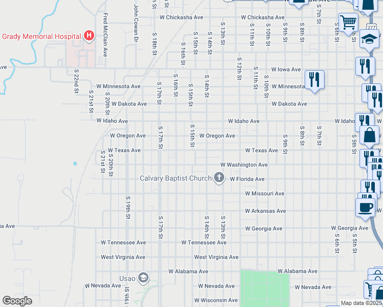 map of restaurants, bars, coffee shops, grocery stores, and more near 921 South 15th Street in Chickasha