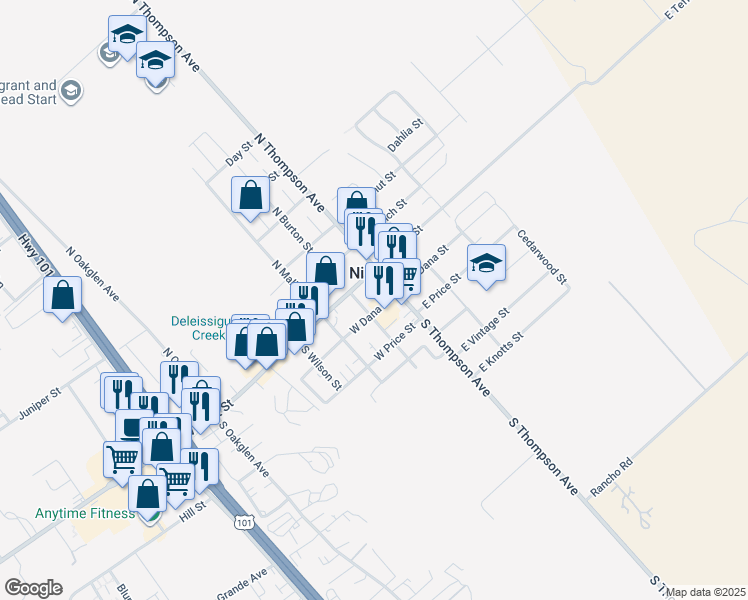 map of restaurants, bars, coffee shops, grocery stores, and more near 13 West Dana Street in Nipomo