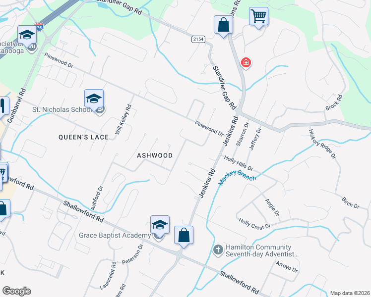 map of restaurants, bars, coffee shops, grocery stores, and more near 2416 Laurelton Creek Lane in Chattanooga