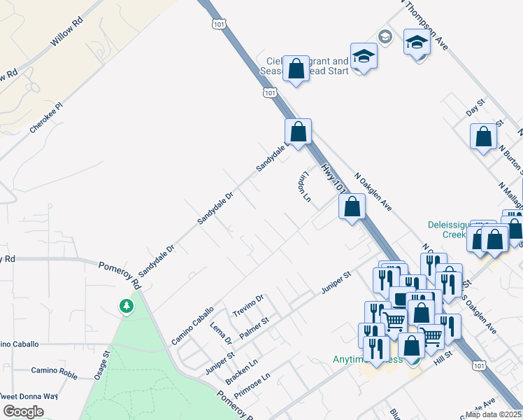map of restaurants, bars, coffee shops, grocery stores, and more near 637 Sandydale Drive in Nipomo