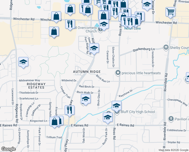 map of restaurants, bars, coffee shops, grocery stores, and more near 3933 Birch Run Cove in Memphis