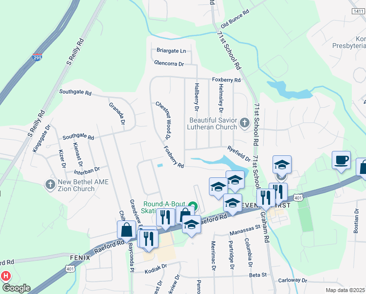map of restaurants, bars, coffee shops, grocery stores, and more near 1194 Curry Ford Drive in Fayetteville
